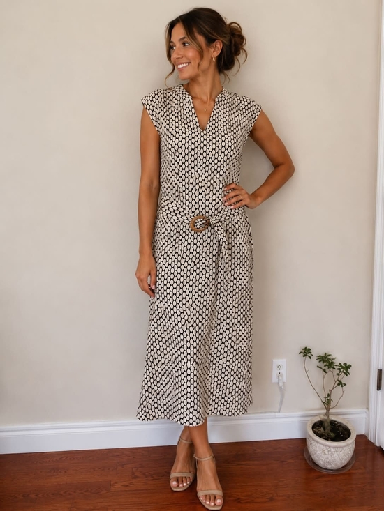 Mexx Dresses & Skirts - Mexx Cream and Black Polka-Pattern Maxi Dress with Waist Tie